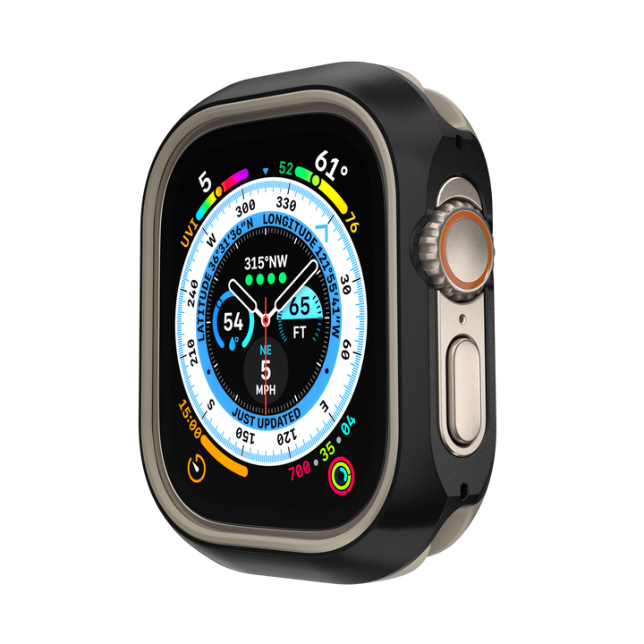 The Apple Watch is encased in the MAGEASY ODYSSEY Ultimate Edition for Apple Watch Ultra 2&1, featuring an Aircraft-Grade Aluminum+TPU Bumper in Black color. This design ensures a seamless transition between the smartwatch and the protective case, offering both style and durability.